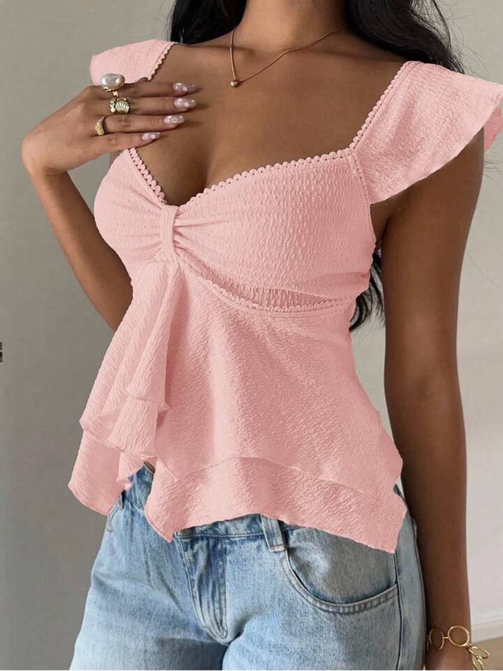 Women’s Pink Ruffle V-Neck Flutter Sleeve Top